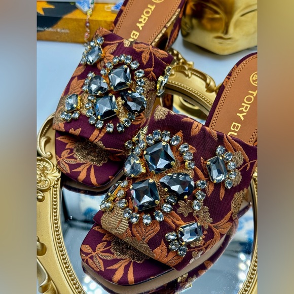 🆕 TORY BURCH 🧿NWOT Martine Jacquard Mid-Heel Slide, Burgundy Black Diamond Sz7 - Picture 10 of 16